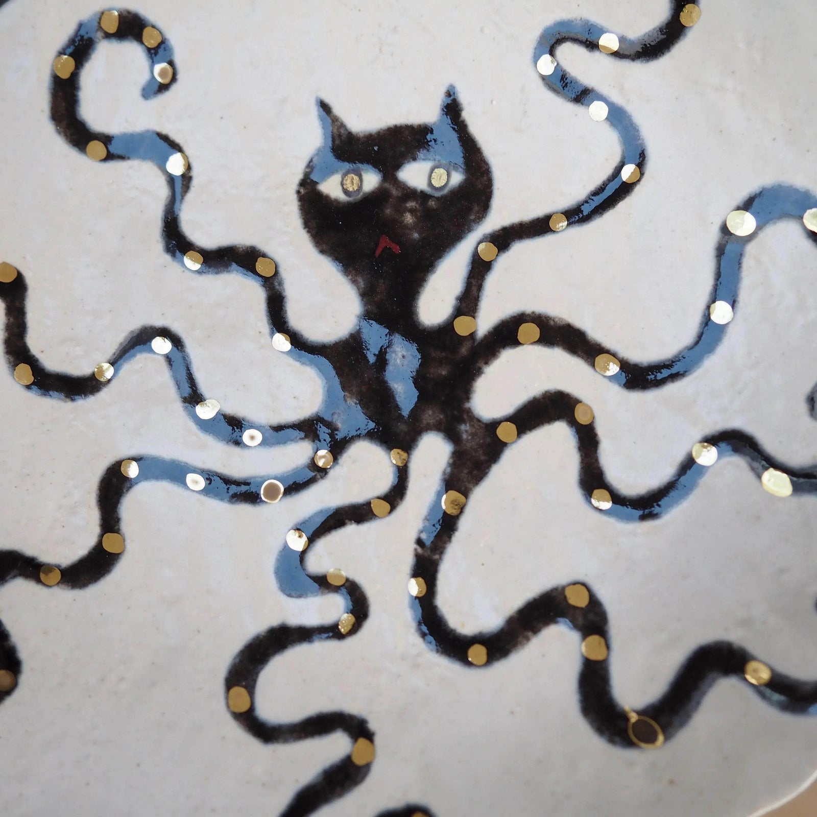 Handmade Octopus Illustrated Small Ceramic Plate With Gold Lustre