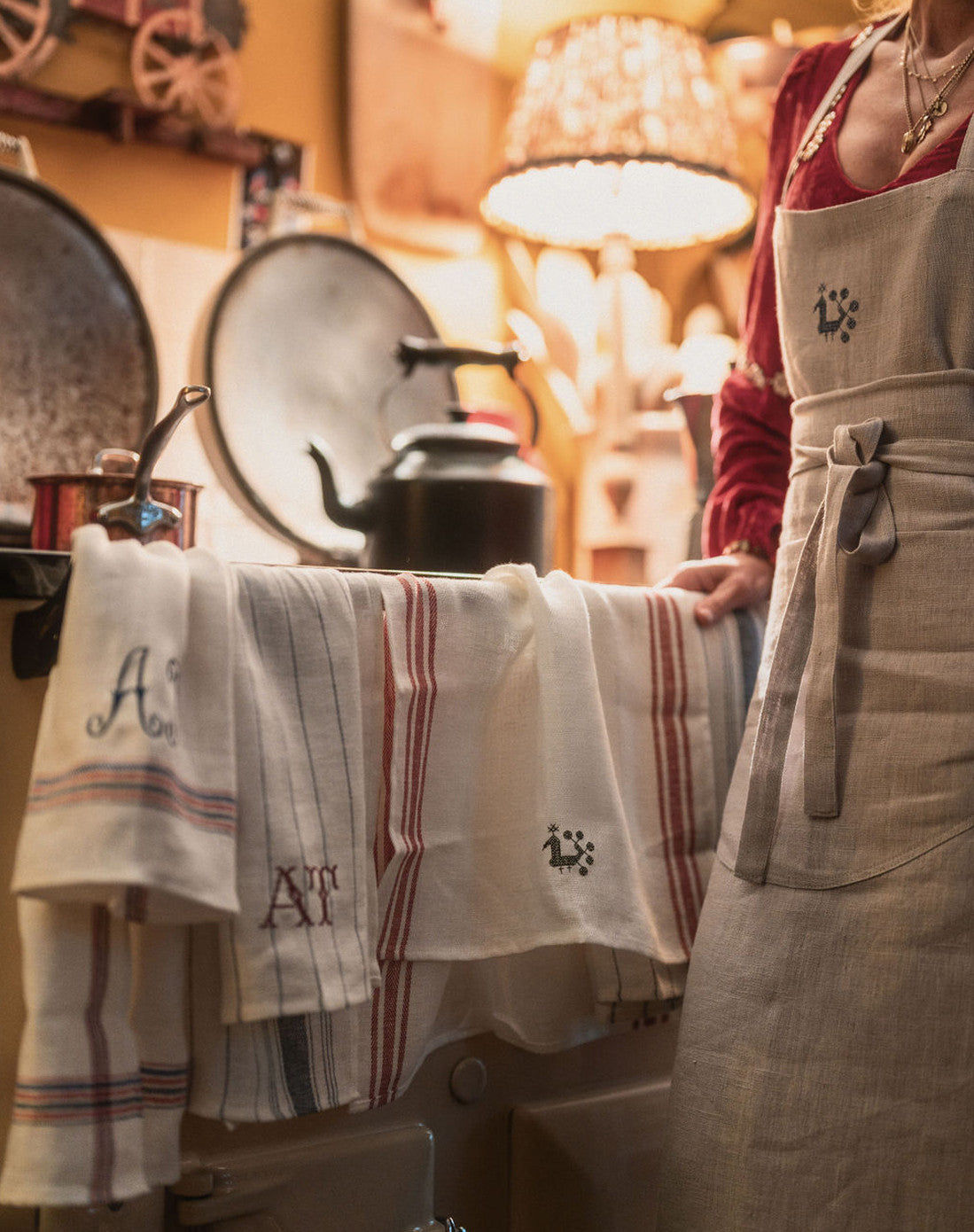 Set of 3 Kitchen Towels in French Red & Blue