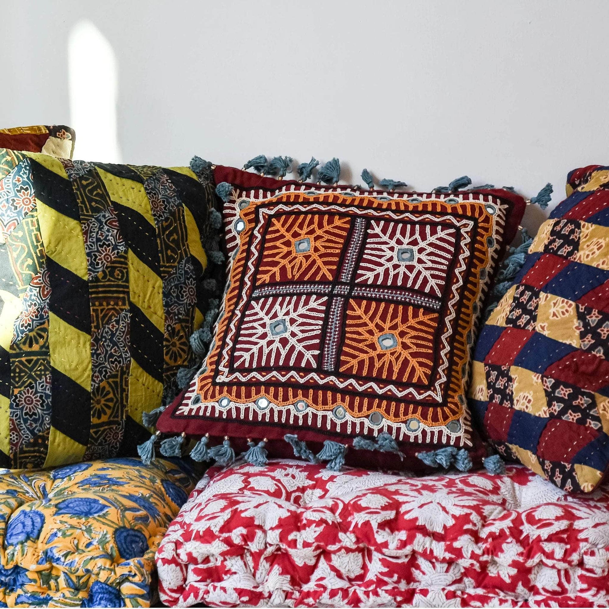 Mini Tassle Mirrorwork Cushion Cover