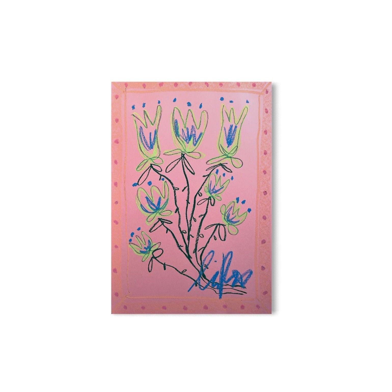 Blue & Green Floral on Pink Background | Original Painting A3