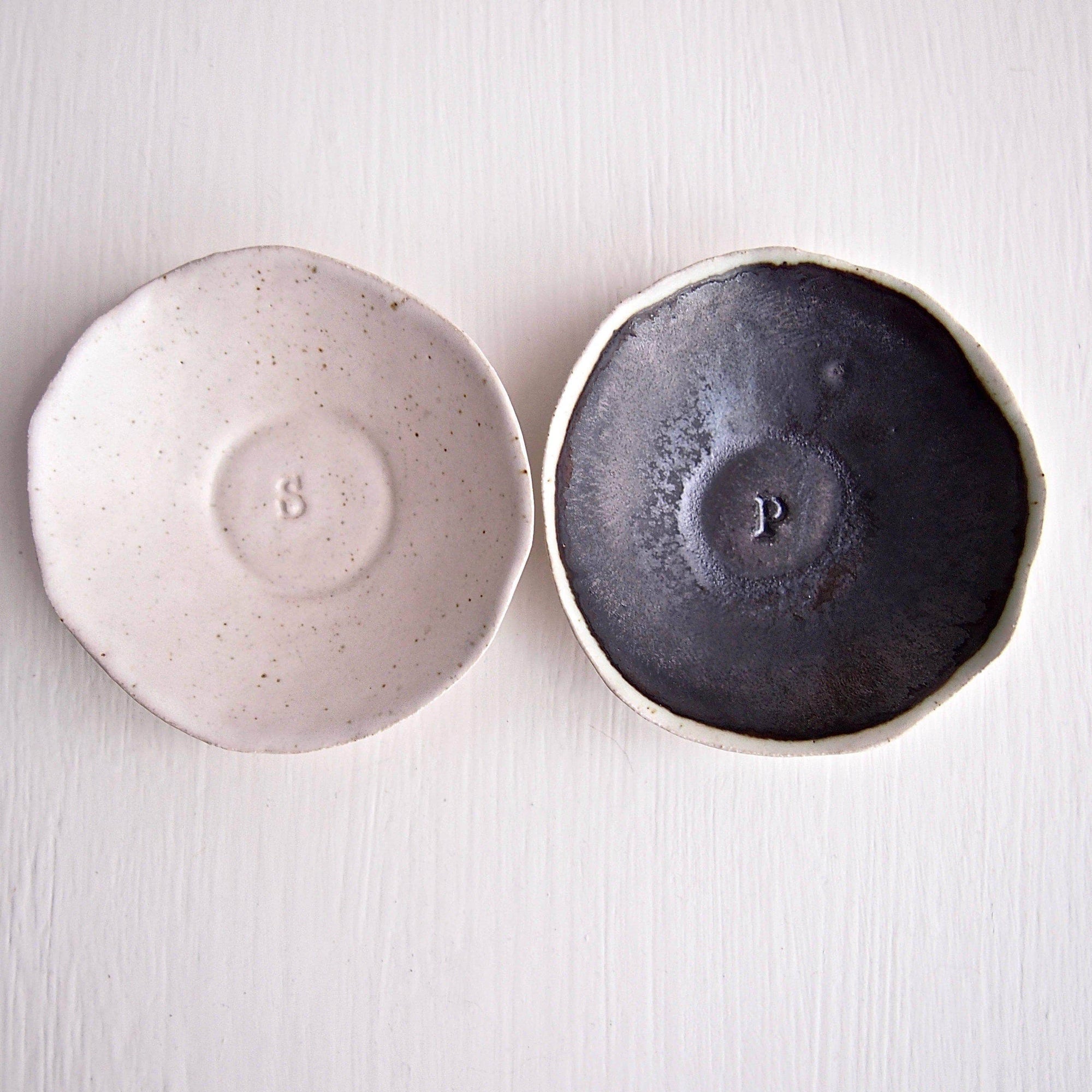 Ceramic Handmade Pair of Black and White Salt + Pepper Dish
