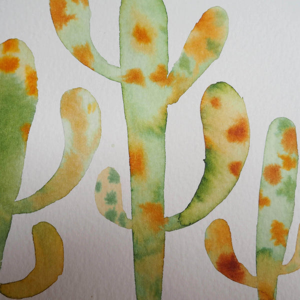 Original Cactus Watercolour Painting In Green And Yellow Shades