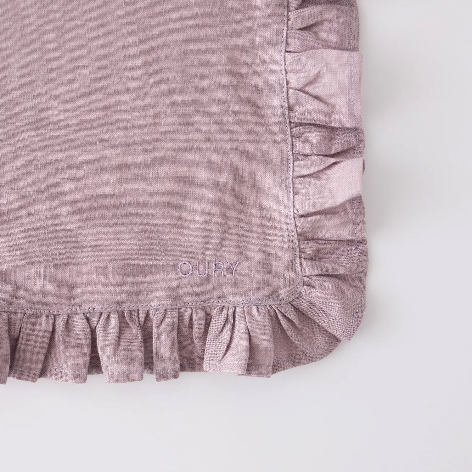 Pink Ruffled Linen Placemats with Embroidery – Set of 2
