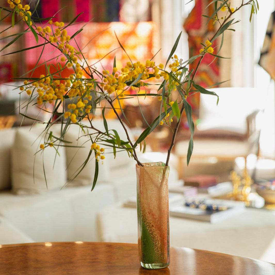 Blown Glass Tall Rectangular Vase, Amber and Green