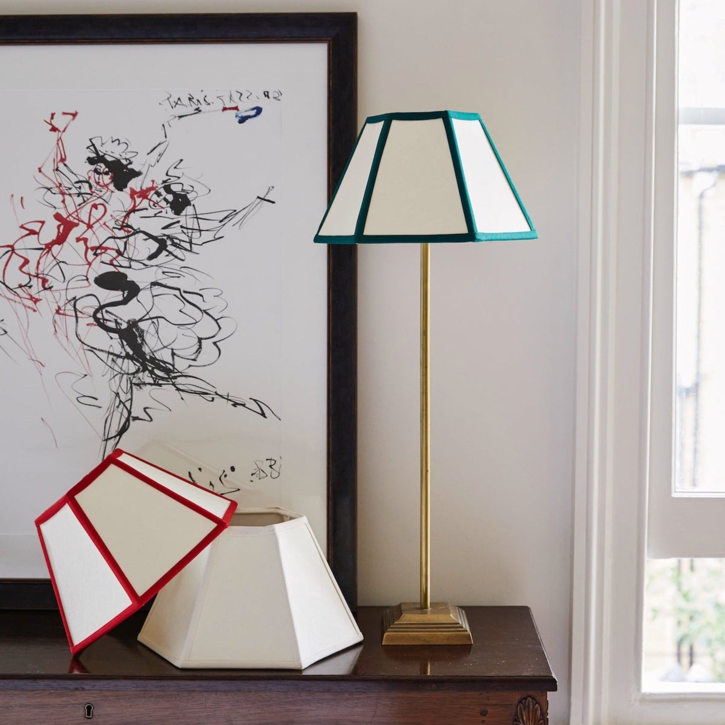 Hexagon Linen Lampshade, Red Trim - Small (US)