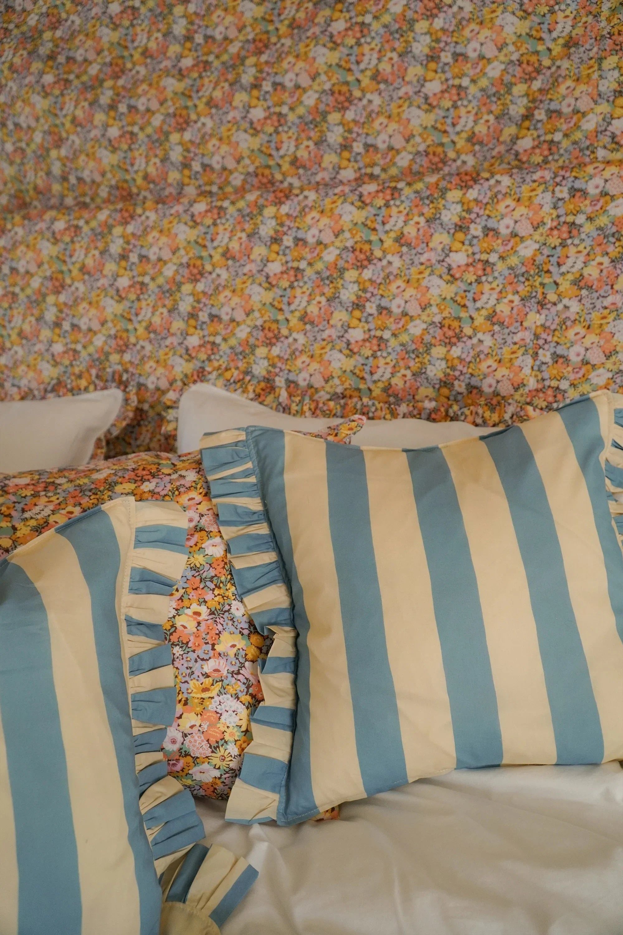 Frill Edge White Pillowcase made with Liberty Fabric THORPE YELLOW