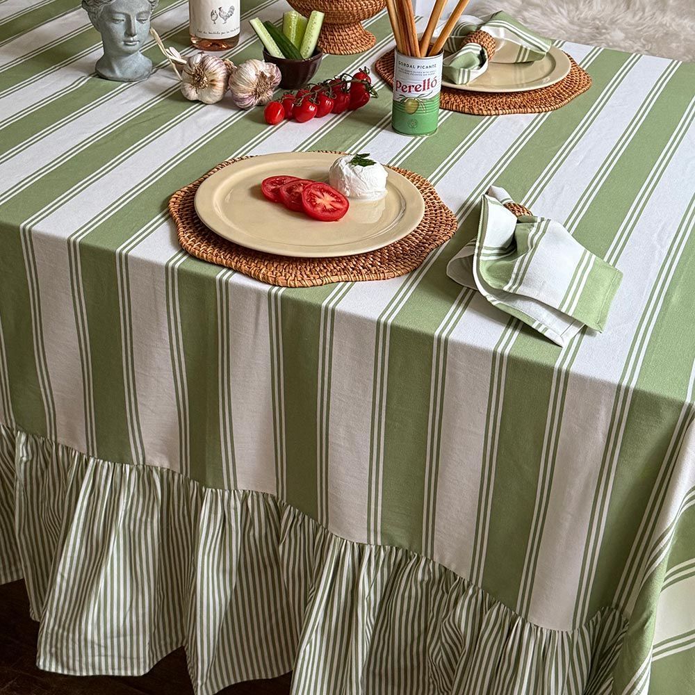 Murano Stripe Organic Ruffled Cotton Tablecloth - Oliva Verde