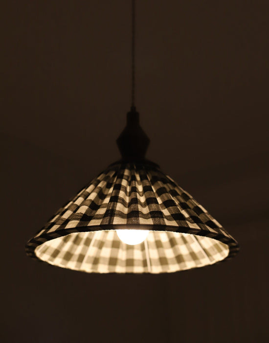 Olga Pleated Pendant Light in Khaki Check Fabric with Turned Wood Finish
