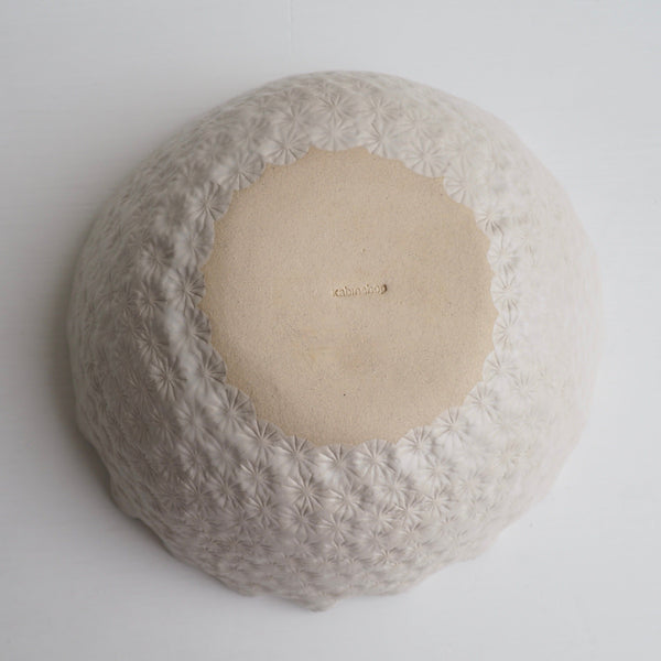 Handmade Blue & White Textural Ceramic Fruit Bowl with orange & pink polka dots