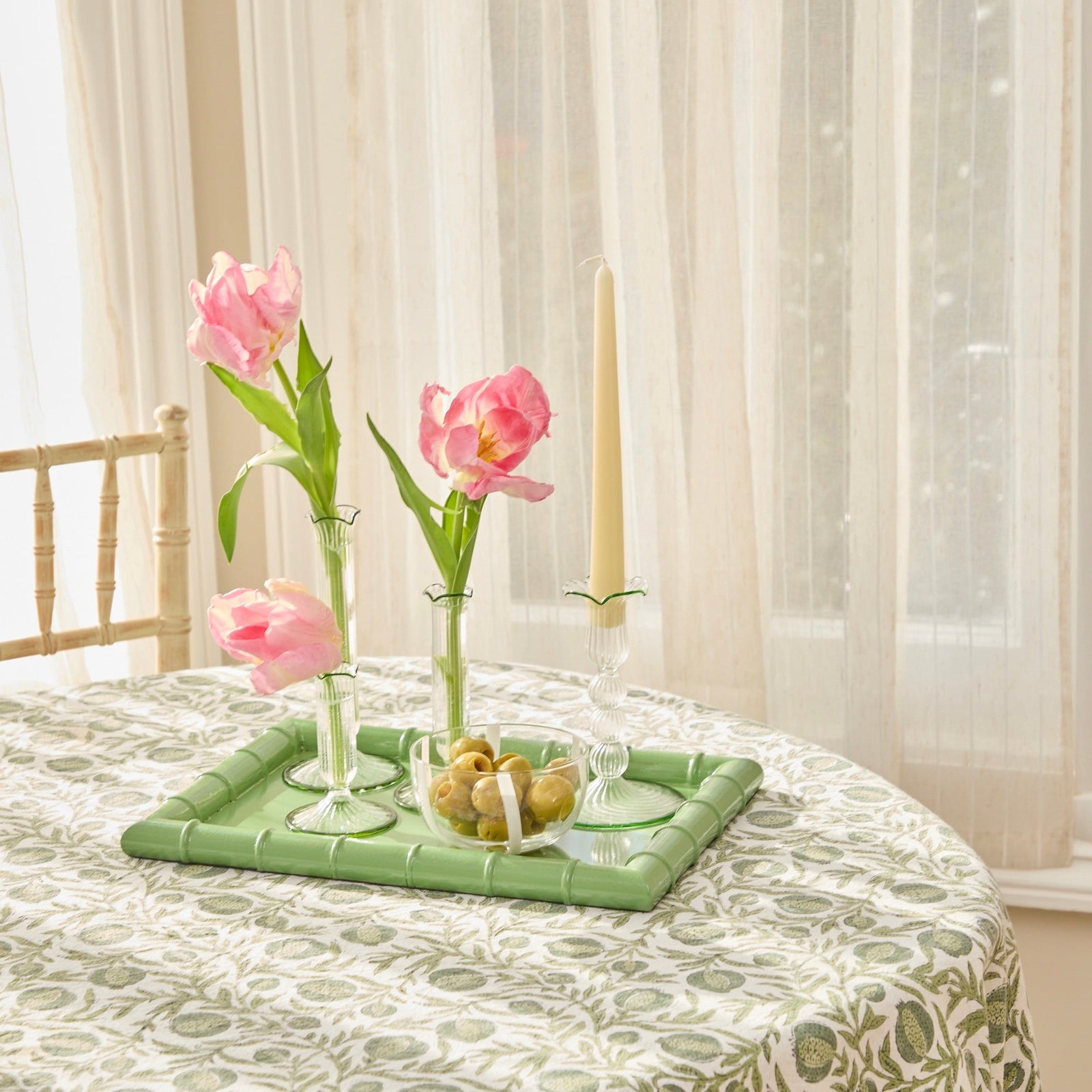 Green Rimmed Glass Pompom Candlestick (set of 2)