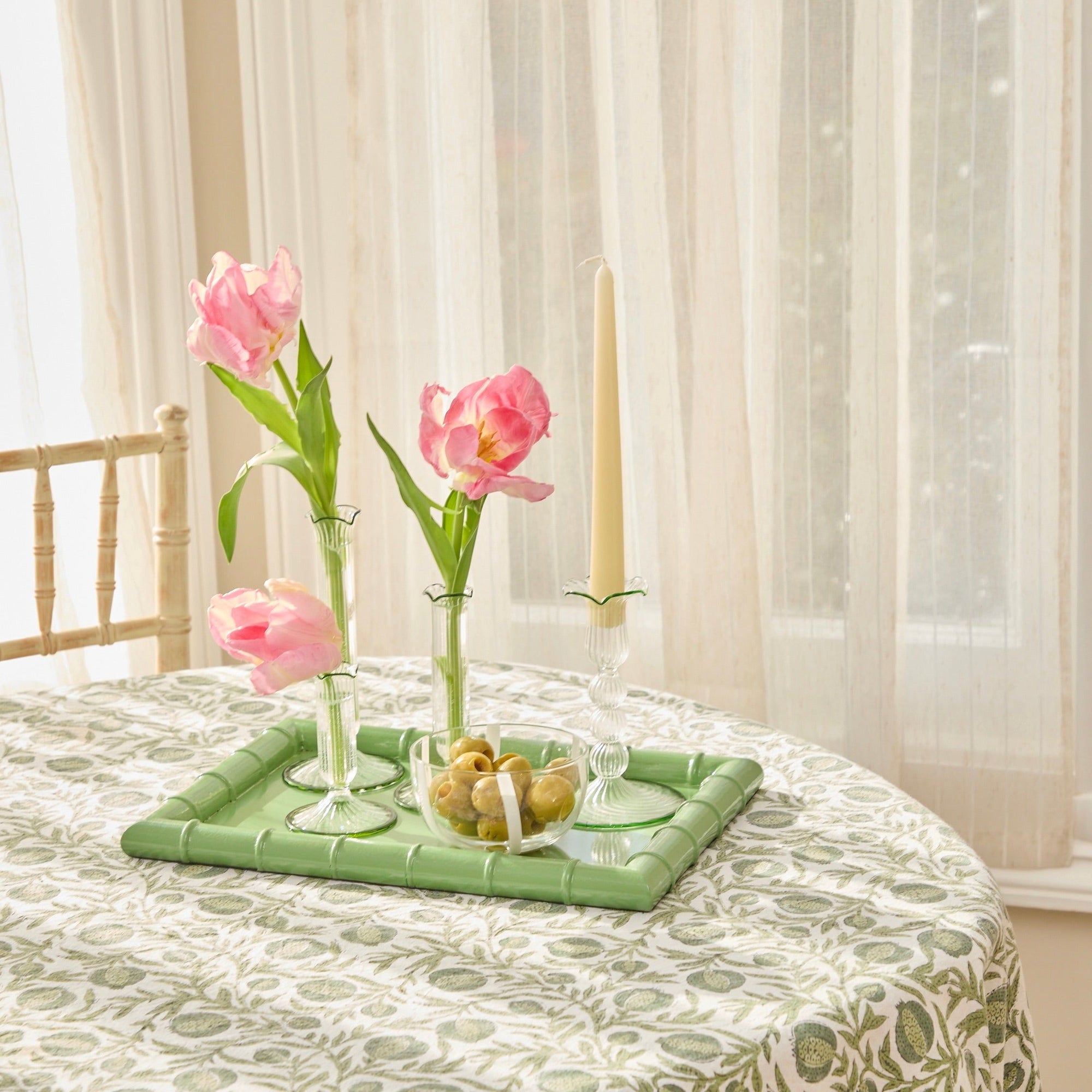 Green Rimmed Glass Pompom Candlestick (set of 2)