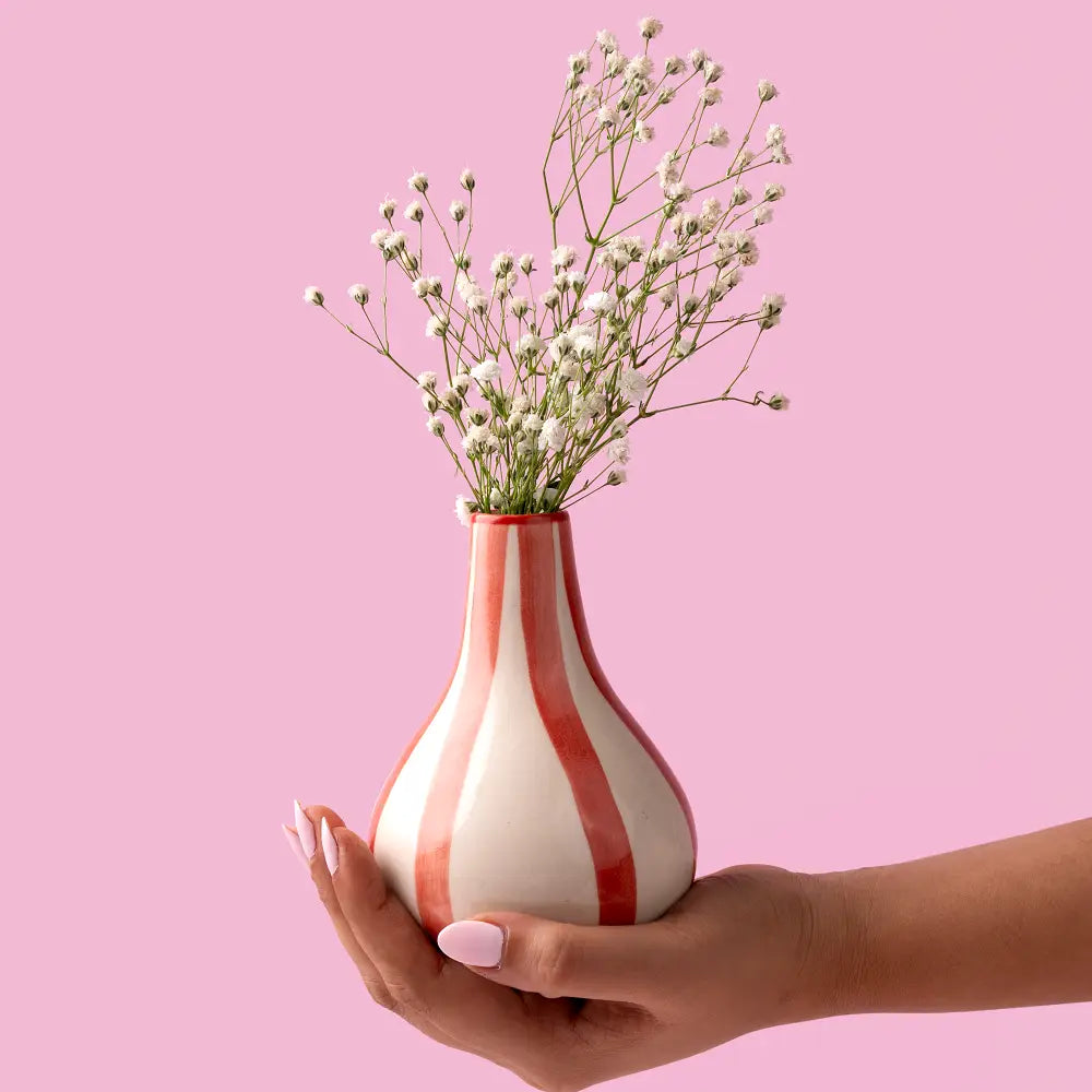 Ceramic Stripe Bud Vase, Red- 3.5 x 3.5 x 4.75 Inches , Set of 2