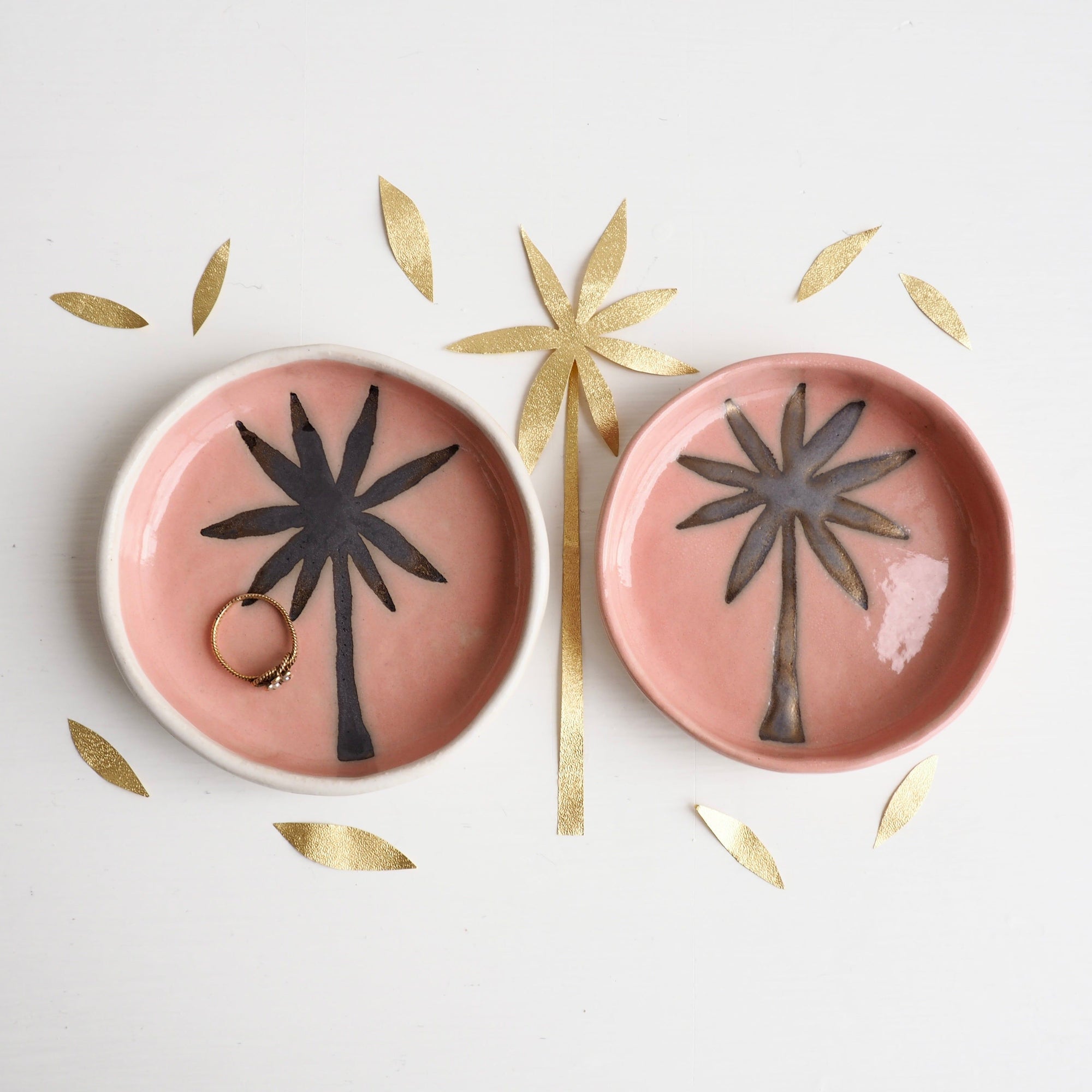 Handmade Pink and Gold Ceramic Palm Tree Ring Dish