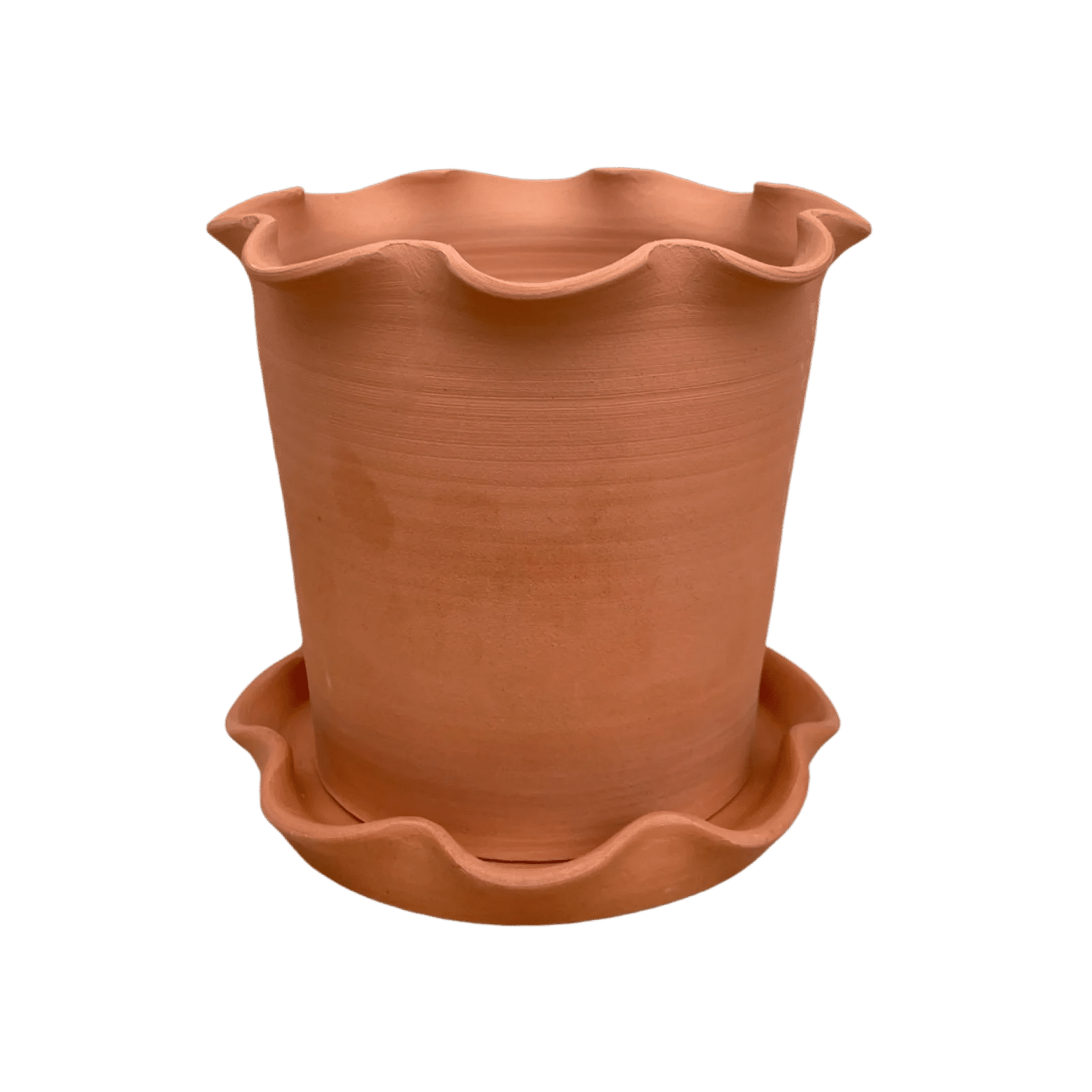 Frilly Plant Pot and Saucer - Terracotta.