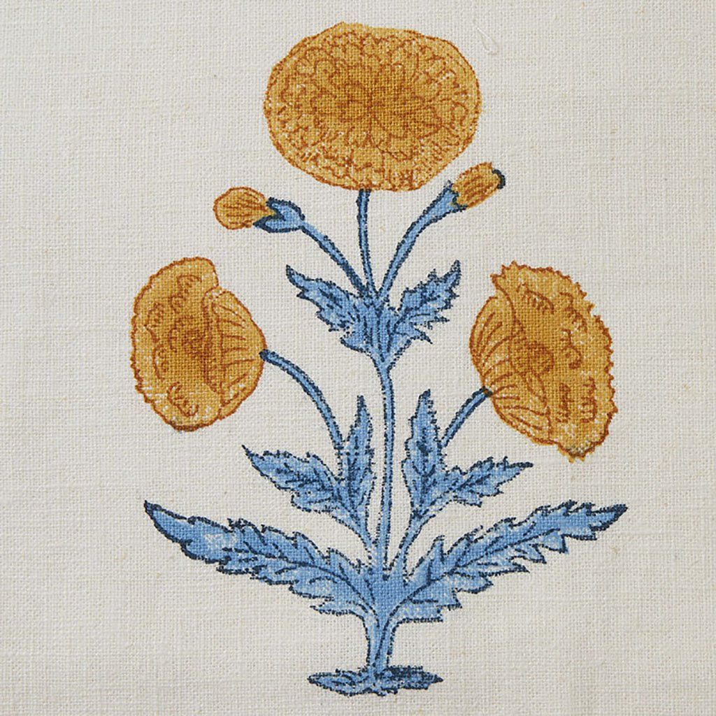 Poppy Block Printed Fabric Linen Mustard/Sky