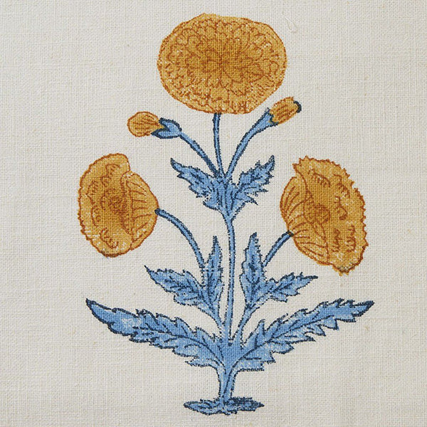 Poppy Block Printed Fabric Linen Mustard/Sky