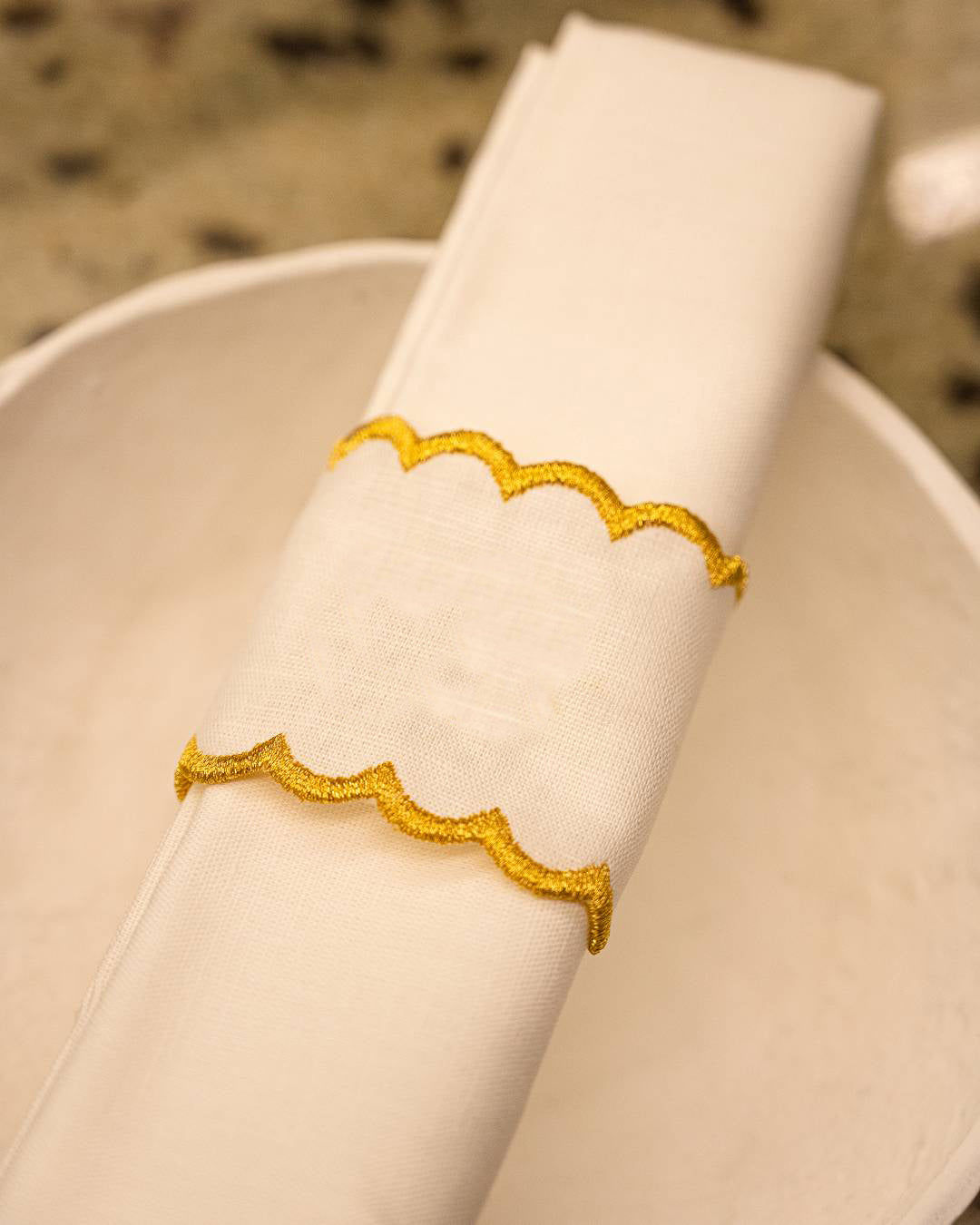 Linen Napkin Ring, White and Gold