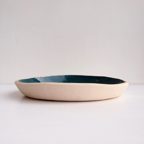 Handmade Teal and White Pottery Plate