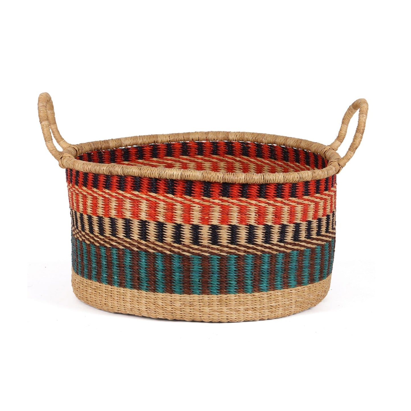 KWEKU: Medium Orange, Teal and Brown Floor Storage Basket with Handles