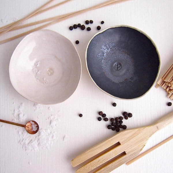 Ceramic Handmade Pair of Black and White Salt + Pepper Dish