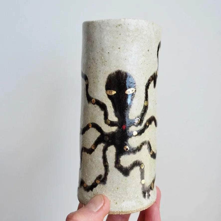 Handmade Pottery Octopus Cylinder Vases with Gold Lustre
