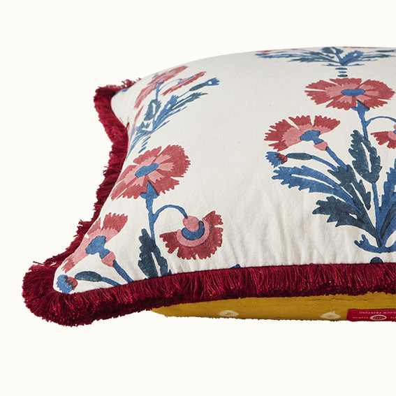 Cushion Brushed Fringe Dianthus and Silk in Indigo Iron and Marigold