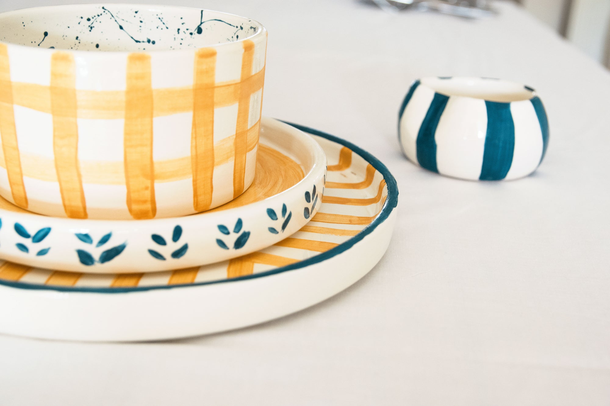 Yellow Plaid Handmade Ceramic Soup Bowl