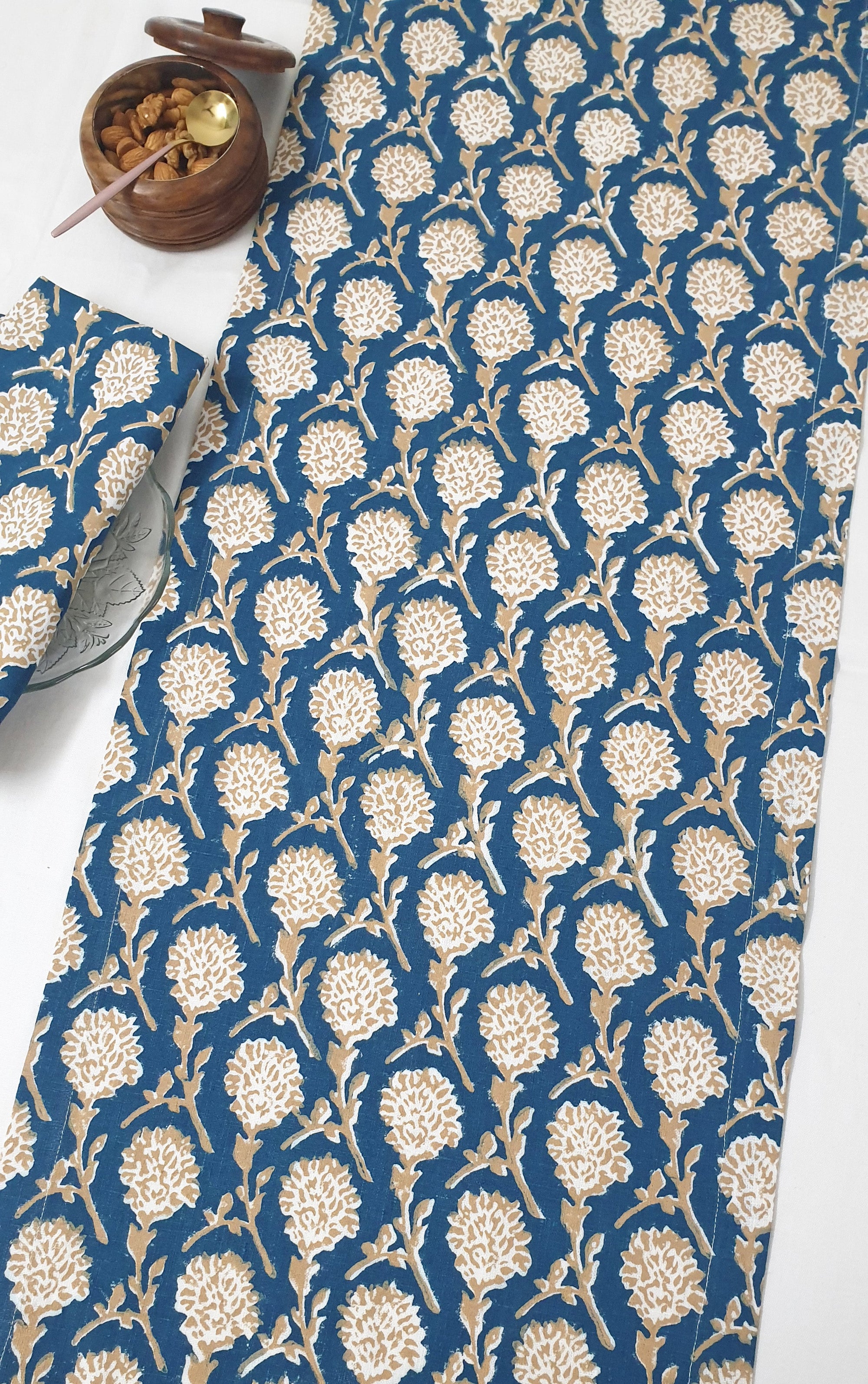 Nikhar Linen Hand-Printed Runner - Ink Blue