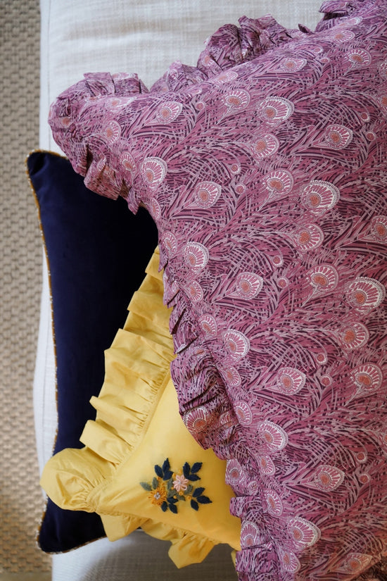 Embroidered Ruffle Cushion made with Linen Liberty Fabric TURMERIC