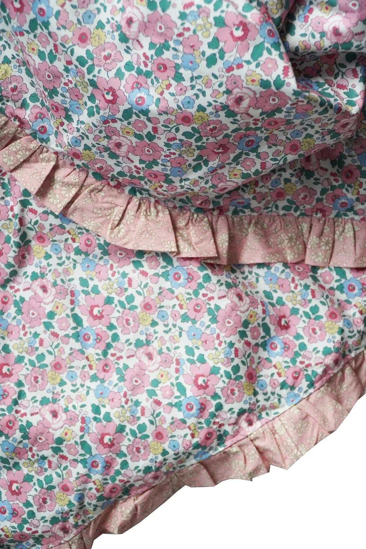 Reversible Ruffle Edge Heirloom Quilt made with Liberty Fabric BETSY CANDY FLOSS & CAPEL PINK