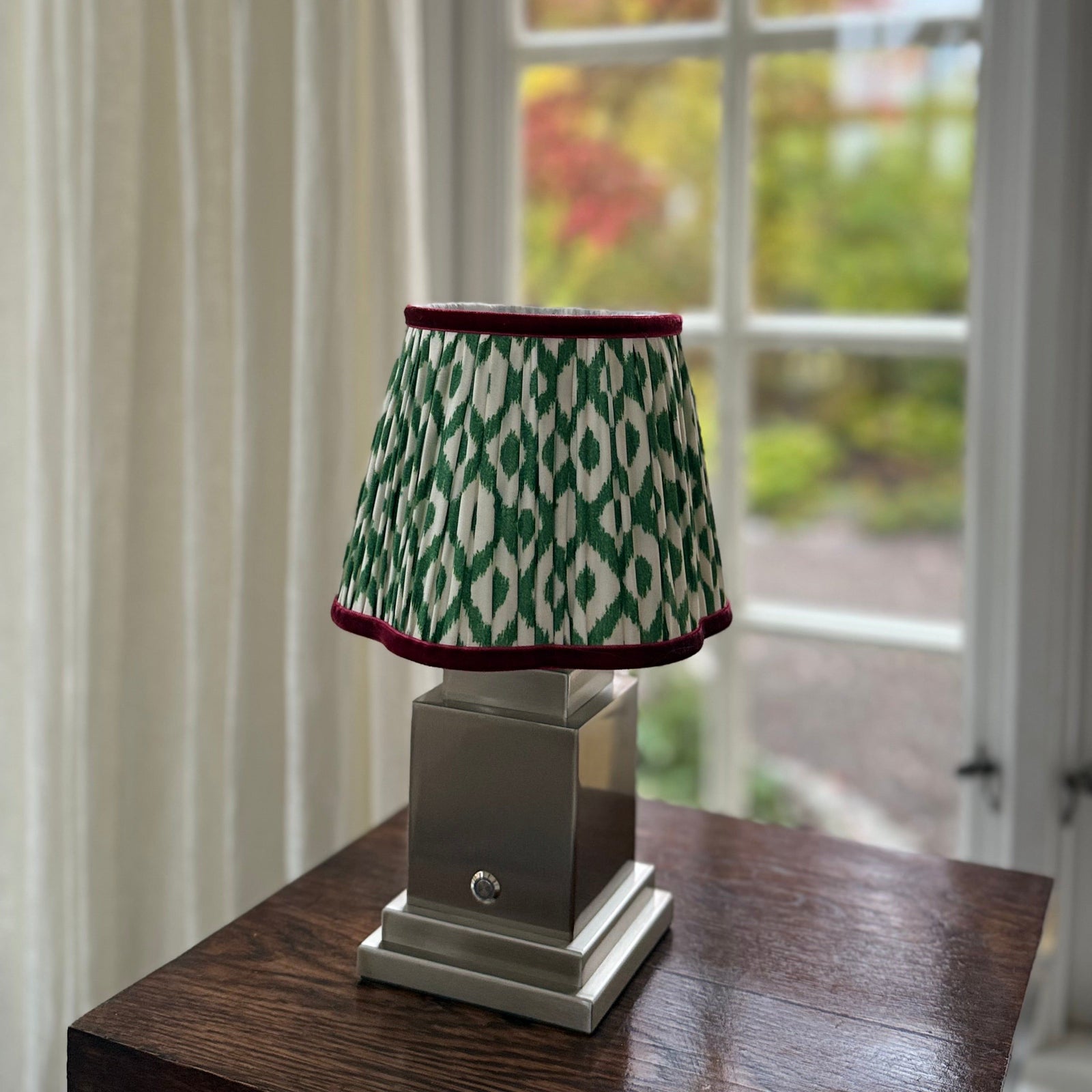 Athena Silver Rechargeable Table Lamp (Green Ikat Velvet Rim)