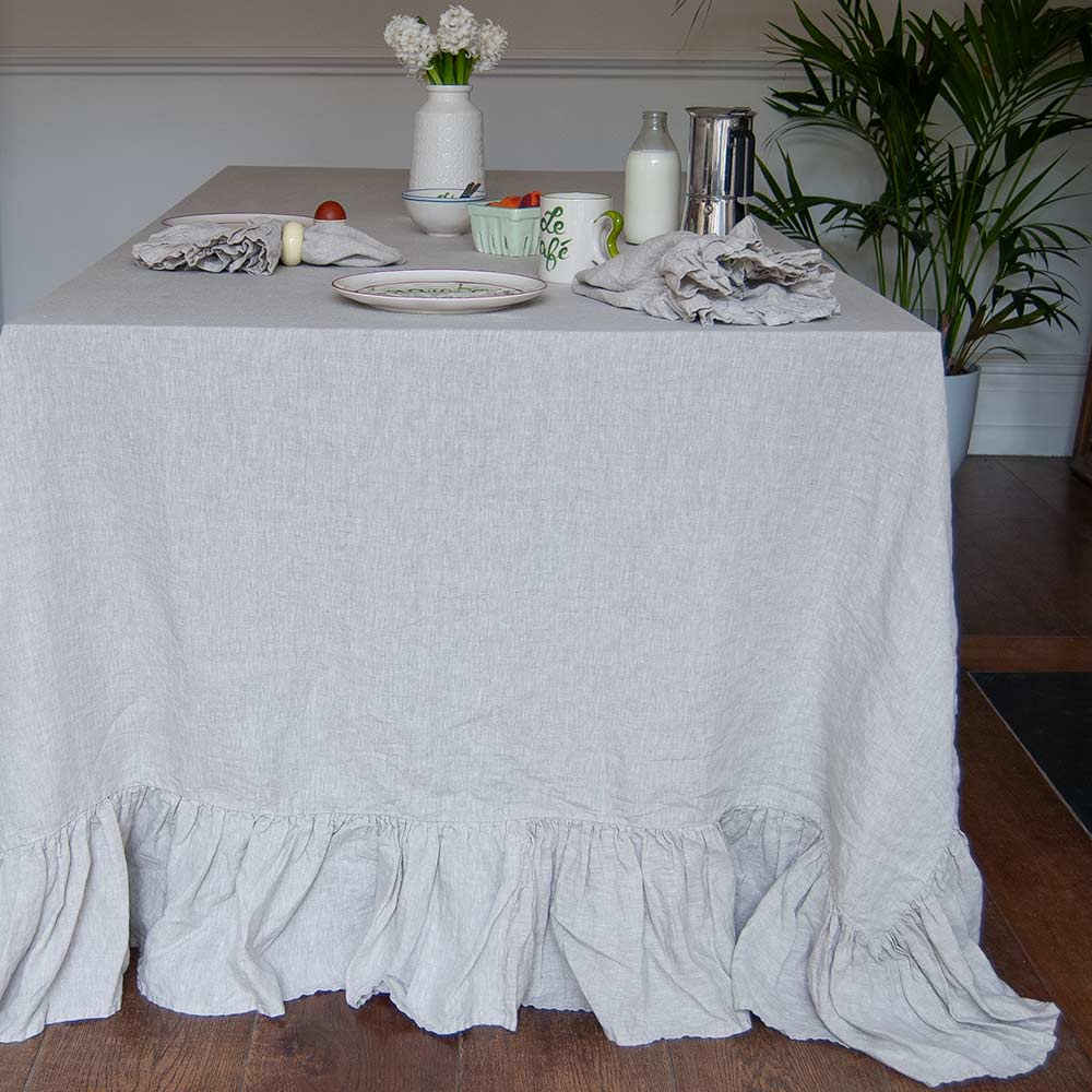 Mistral Drape Ruffled Linen Tablecloth: Brume (Natural) - Small