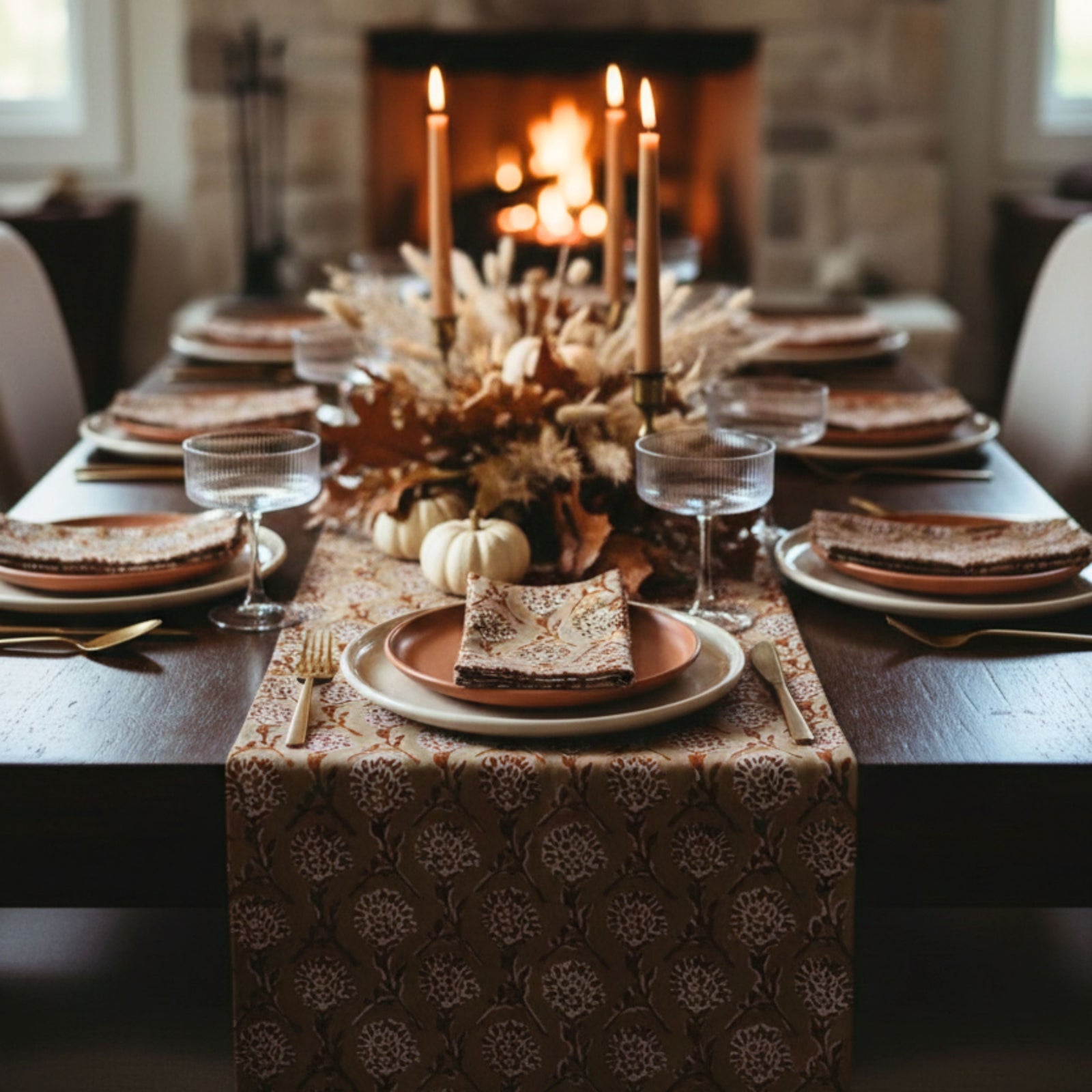 Nikhar Linen Hand-Printed Runner - Chai Brown