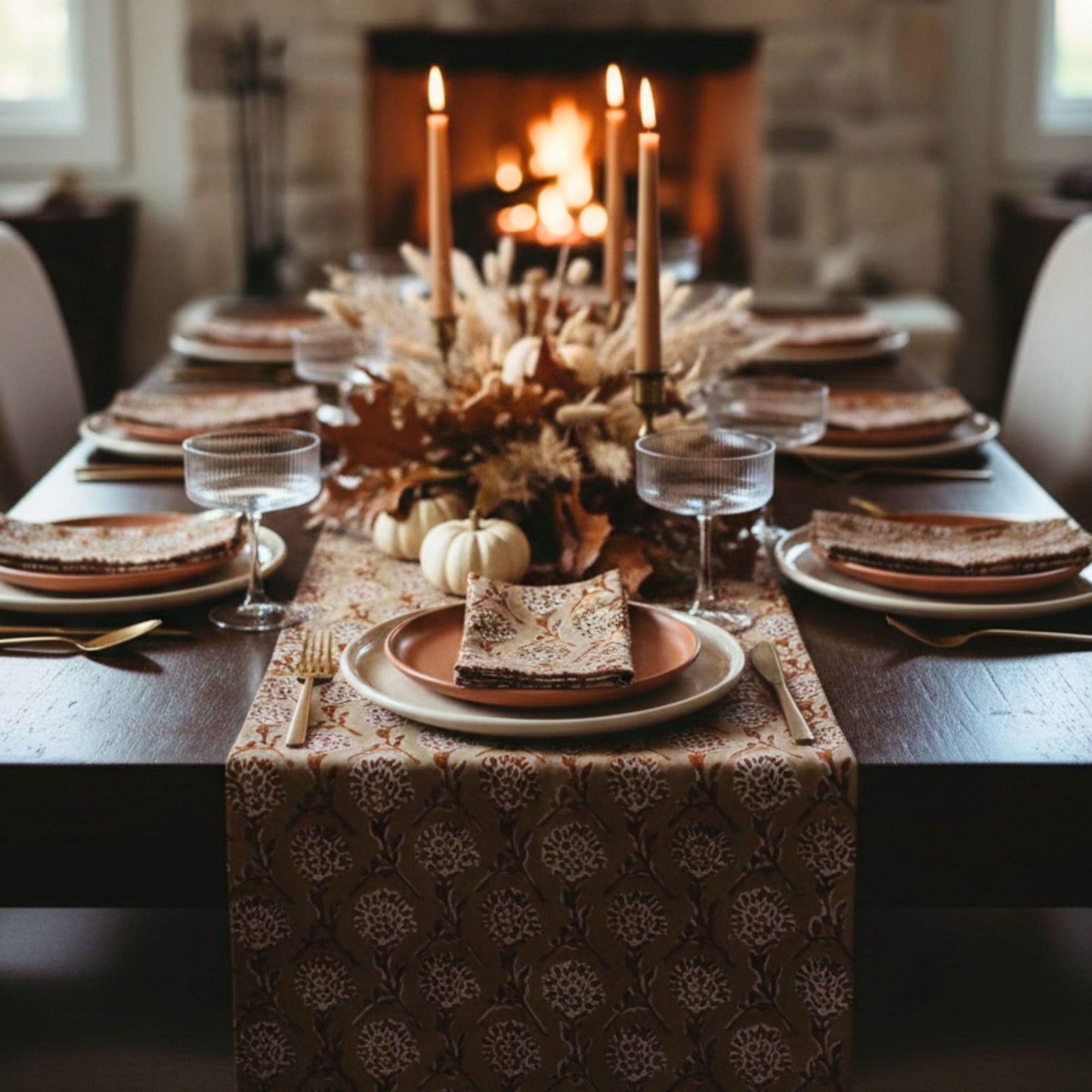 Nikhar Linen Hand-Printed Runner - Chai Brown