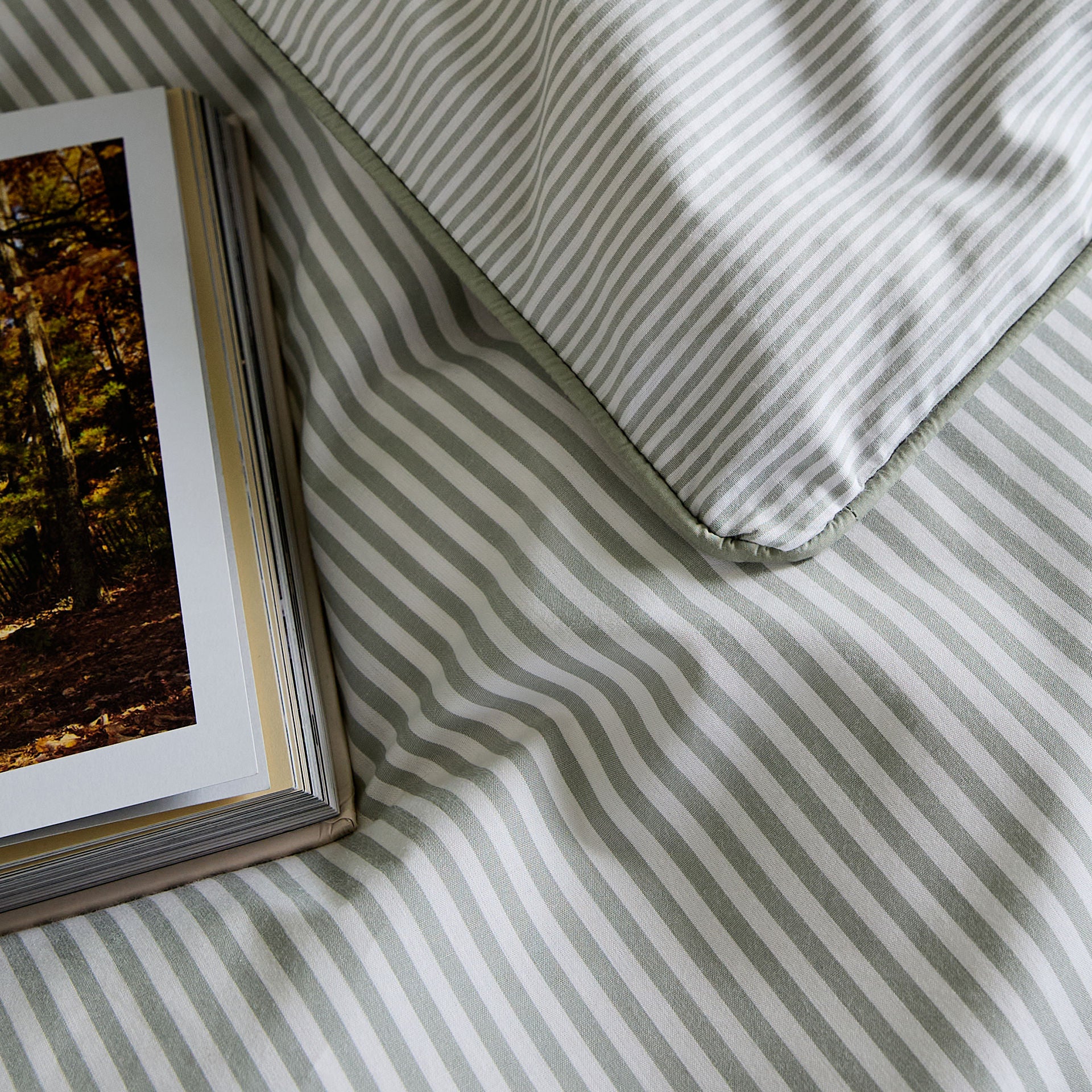 Luxury Organic Cotton Sage Green Striped Duvet Cover