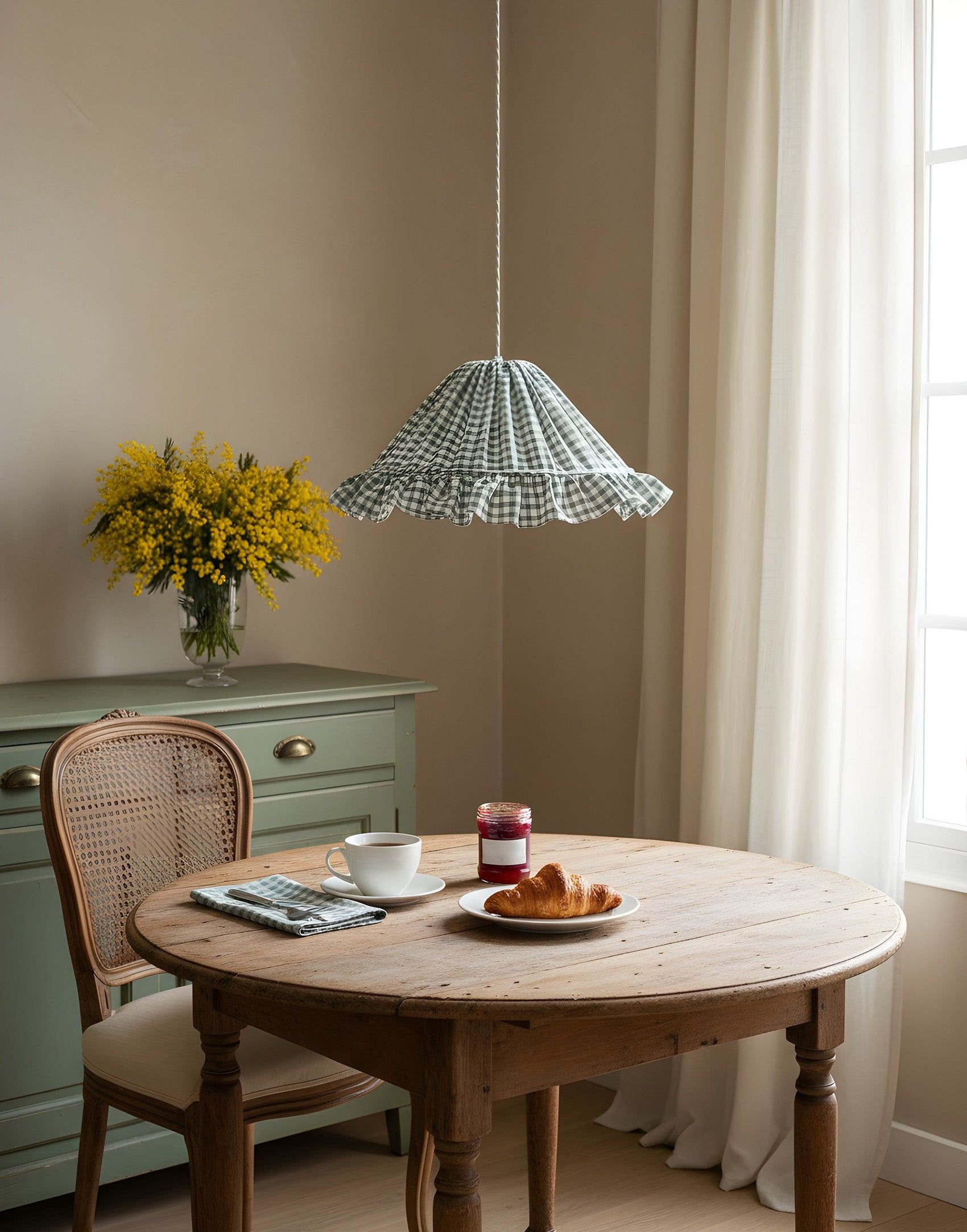 Conical Pendant Light With Ruffle Emilia “Petits Carreaux Vert”