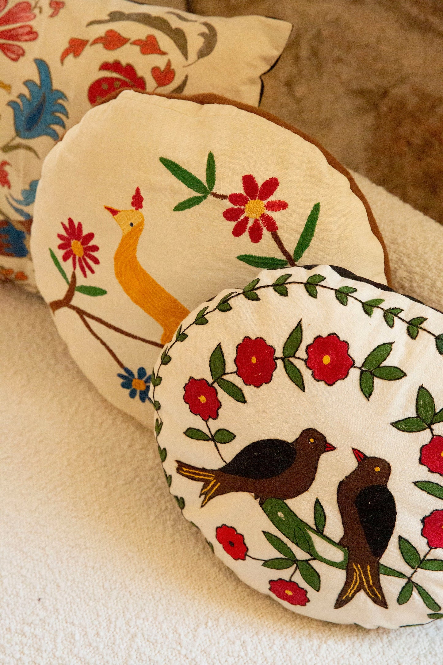 Hand-Embroidered Lovebirds & Floral Pillow/Cushion Cover