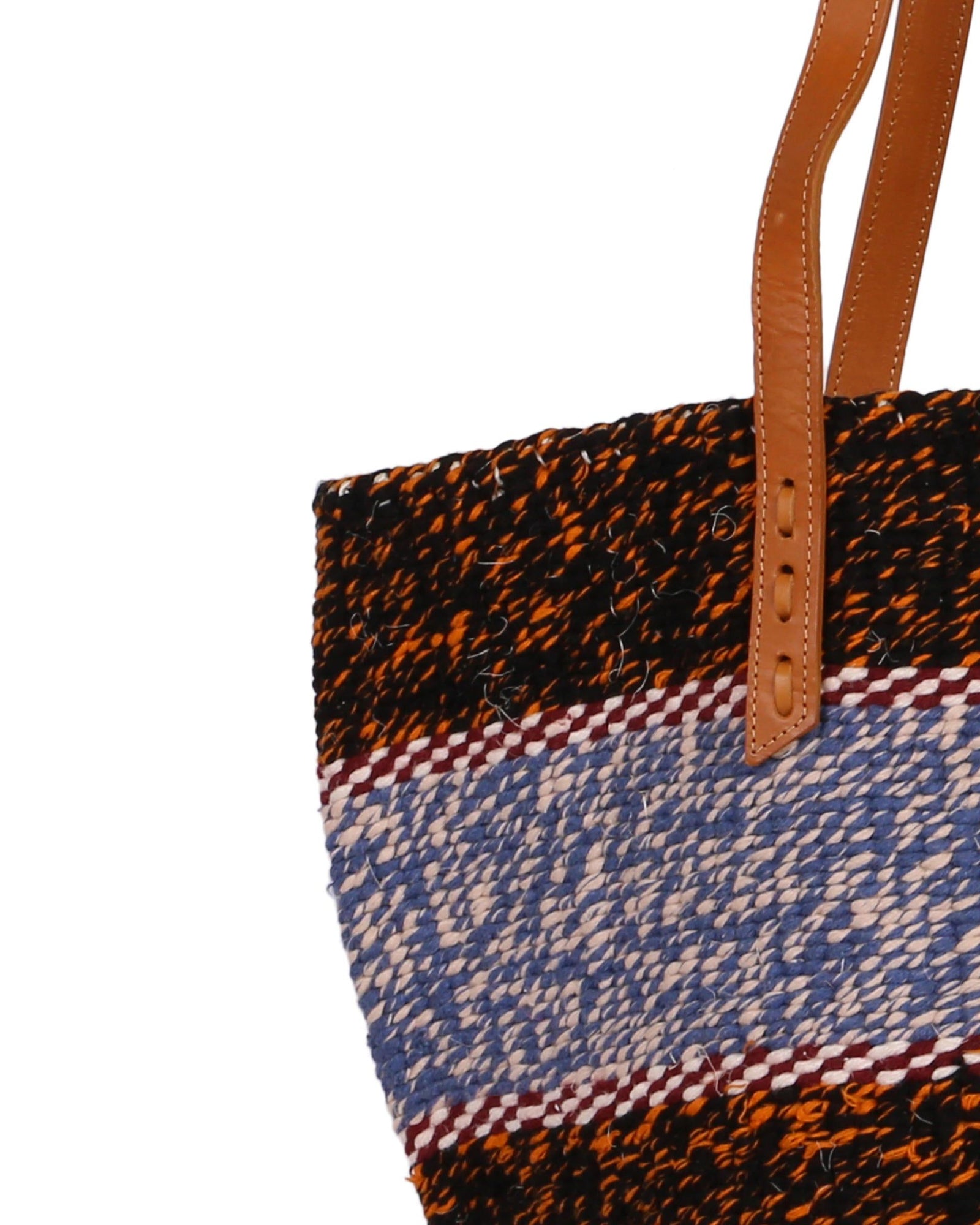 KIJIKO: Handwoven Blue, Black and Orange Wool Tote Bag