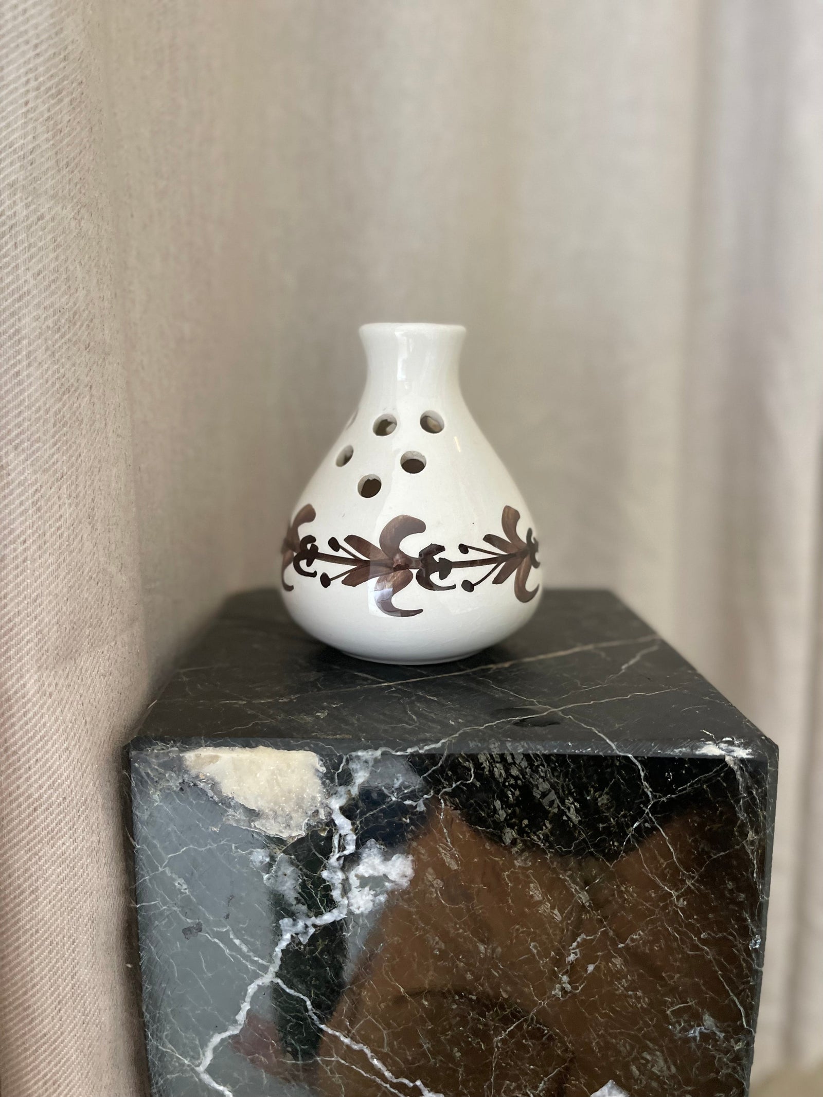 White Ceramic Ikenbana Style Vase with Brown Hand Painted Detailing