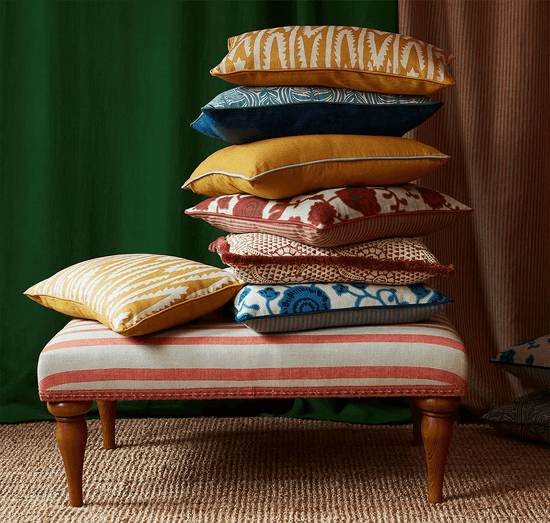 Shashka Print Cushion in Ochre with Venitian Velvet in Ochre