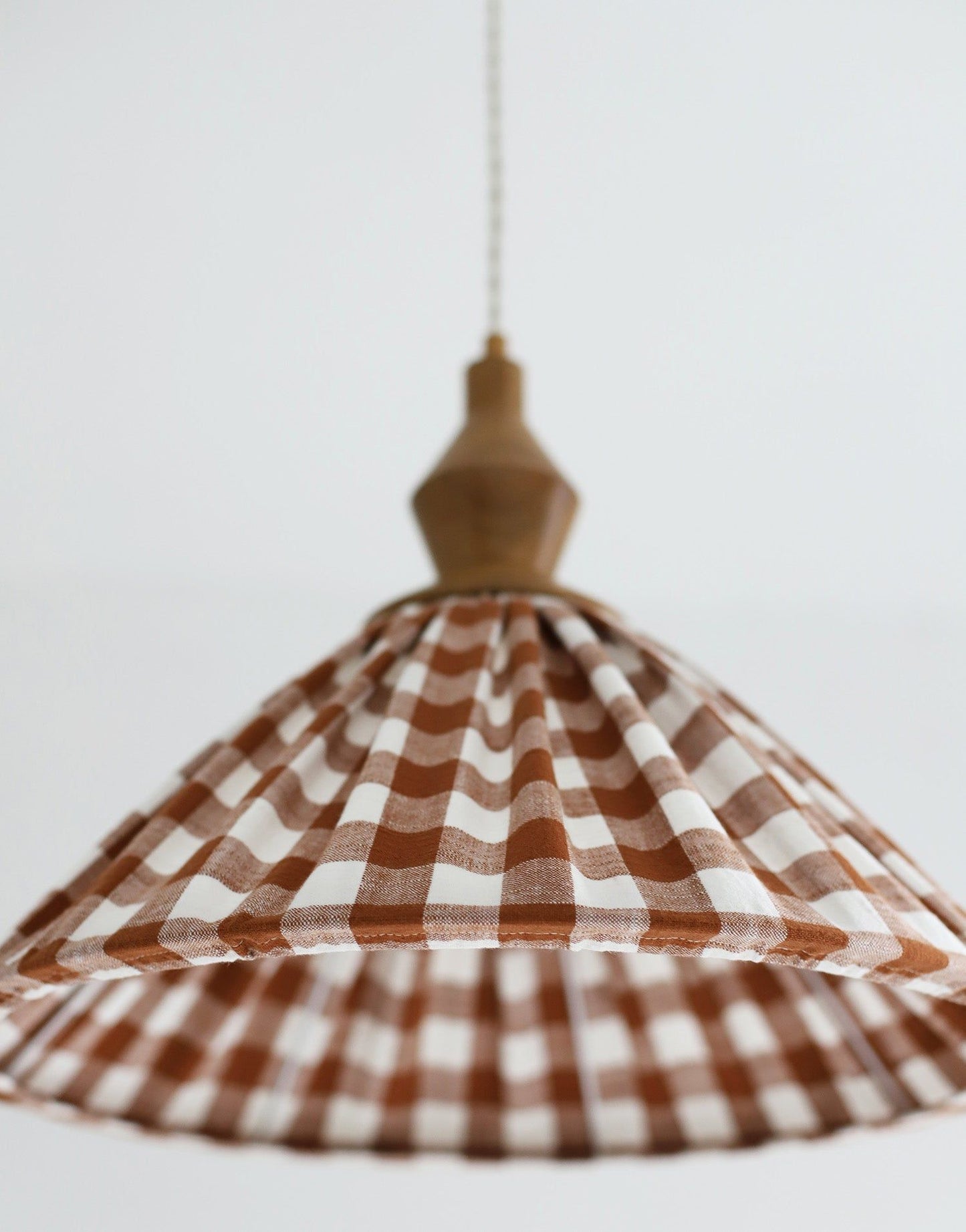 Olga Pleated Pendant Light in Terracotta Check Fabric with Turned Wood Finish
