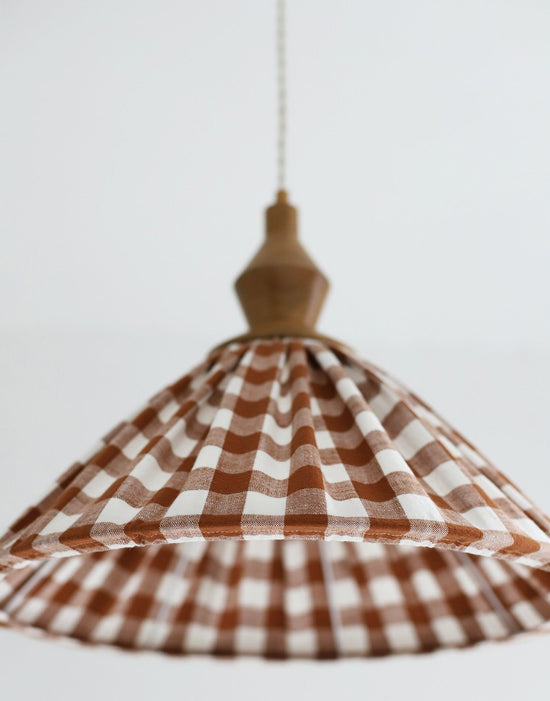 Olga Pleated Pendant Light in Terracotta Check Fabric with Turned Wood Finish