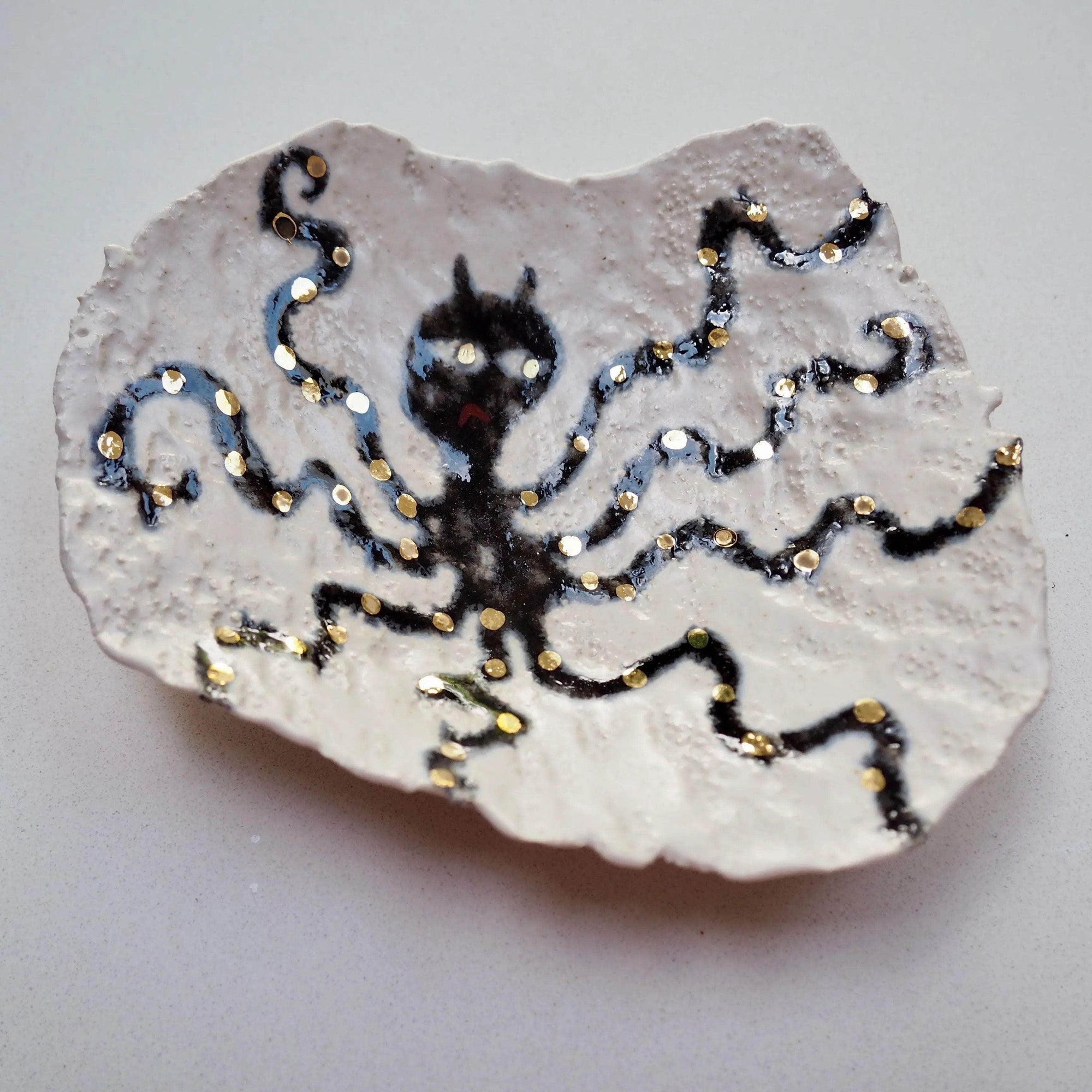 Handmade Octopus Illustrated Small Ceramic Plate With Gold Lustre