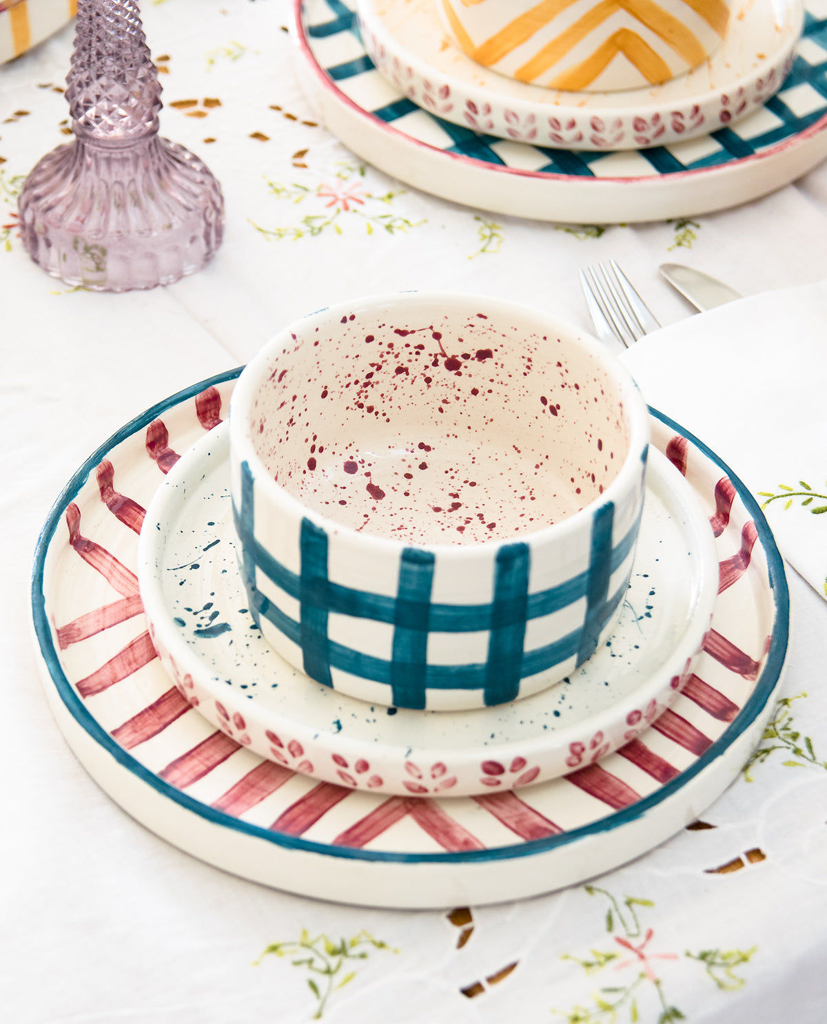 Petrol Plaid Handmade Ceramic Soup Bowl