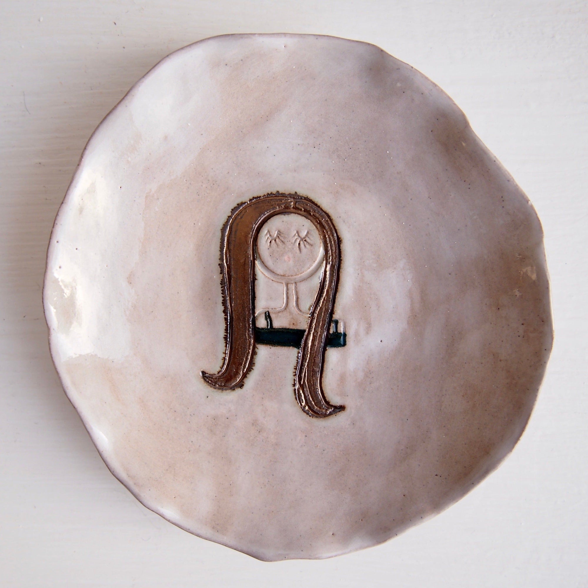 Girl with Long Gold Hair Mini Pottery Face Ring Dish /  Plate