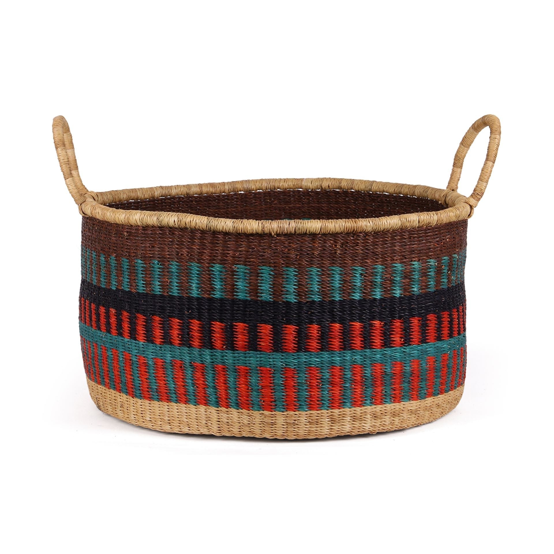 KWESI: Large Orange, Teal and Brown Floor Storage Basket with Handles
