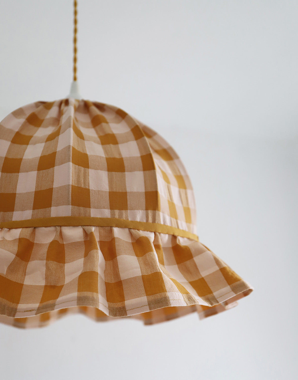 Vintage Dome Pendant Light with Ruffles in Mustard Gingham Print