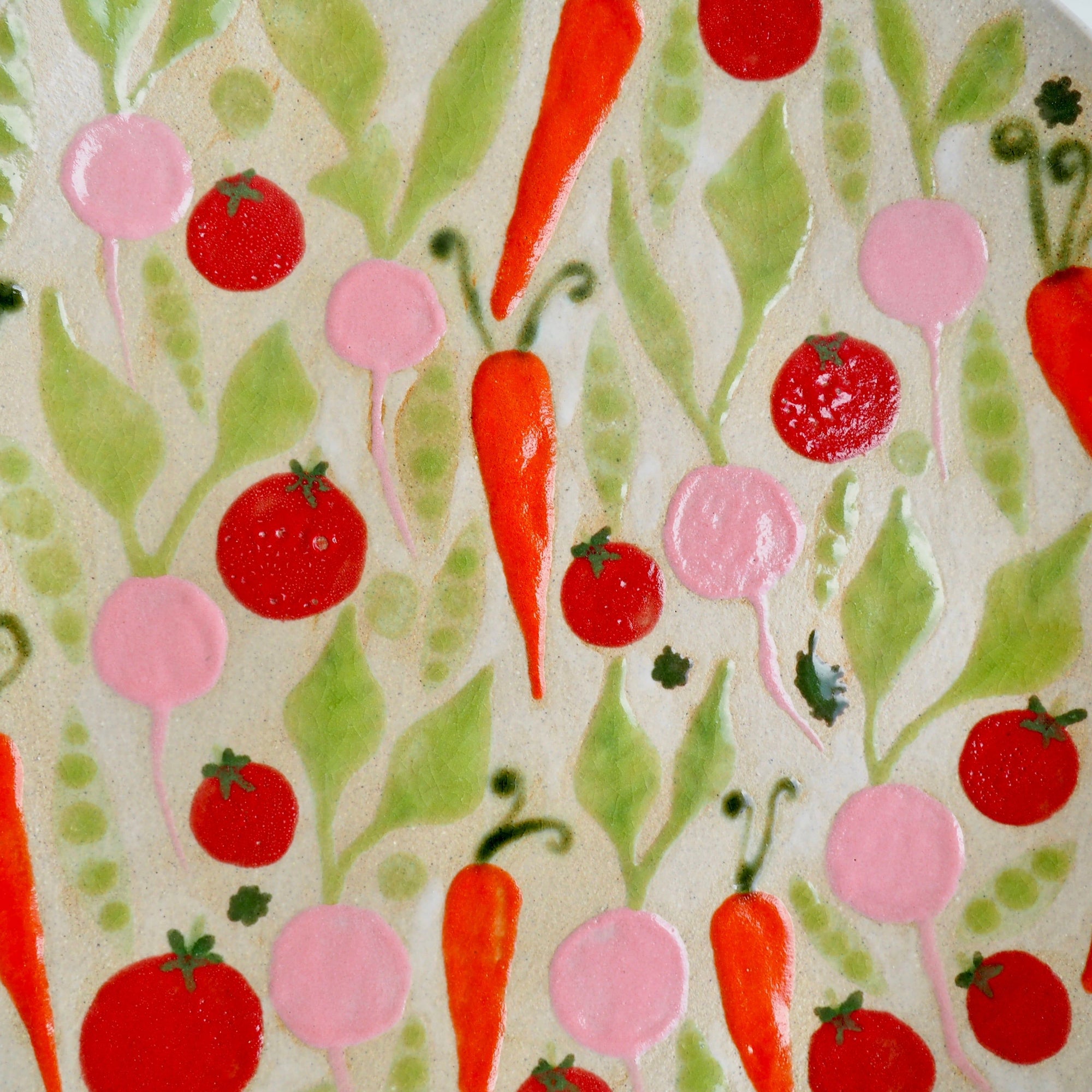 Handmade Ceramic Plate with Carrots Tomatoes Radishes & Peas