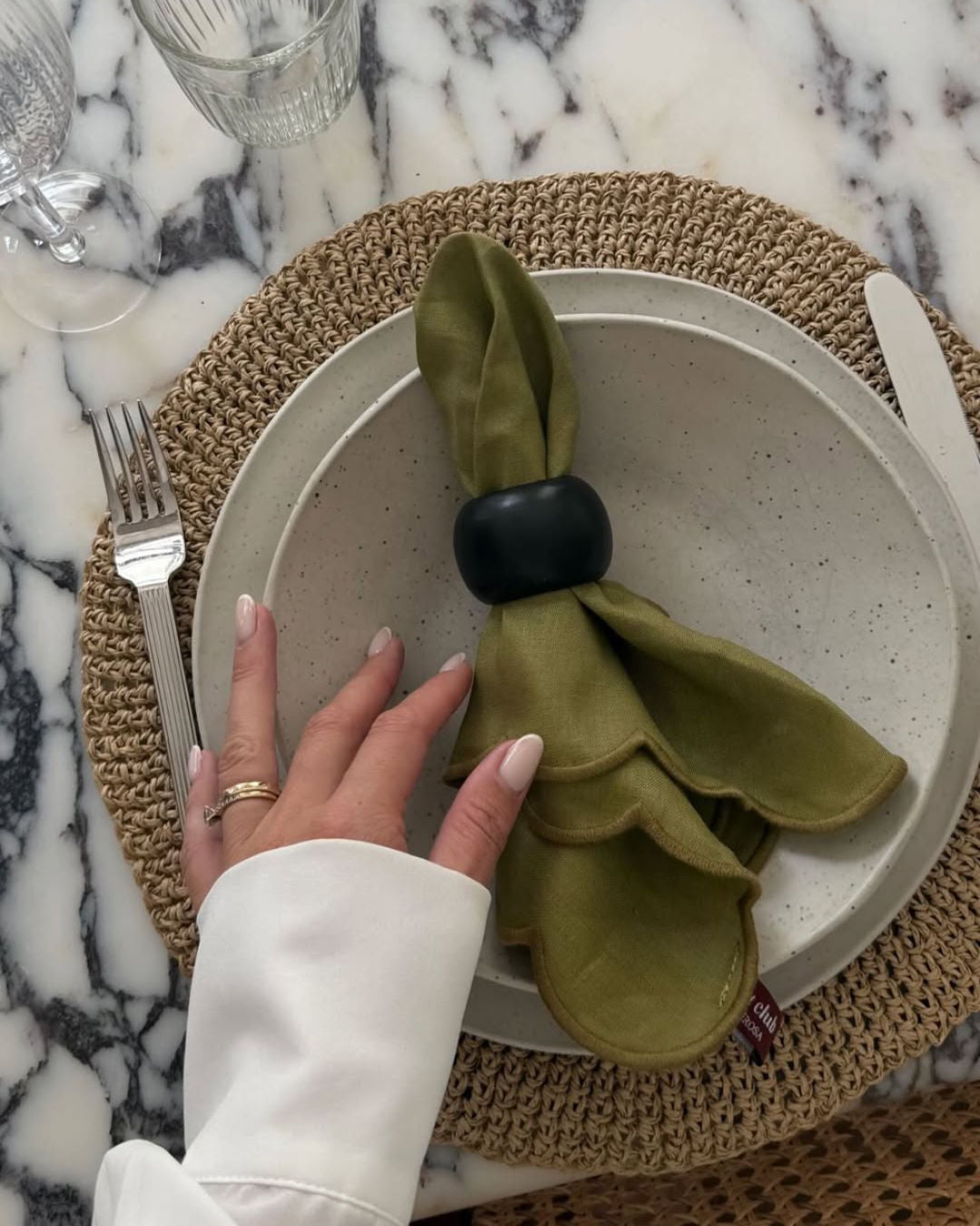 Scallop Linen Napkins Olive - Set of 2