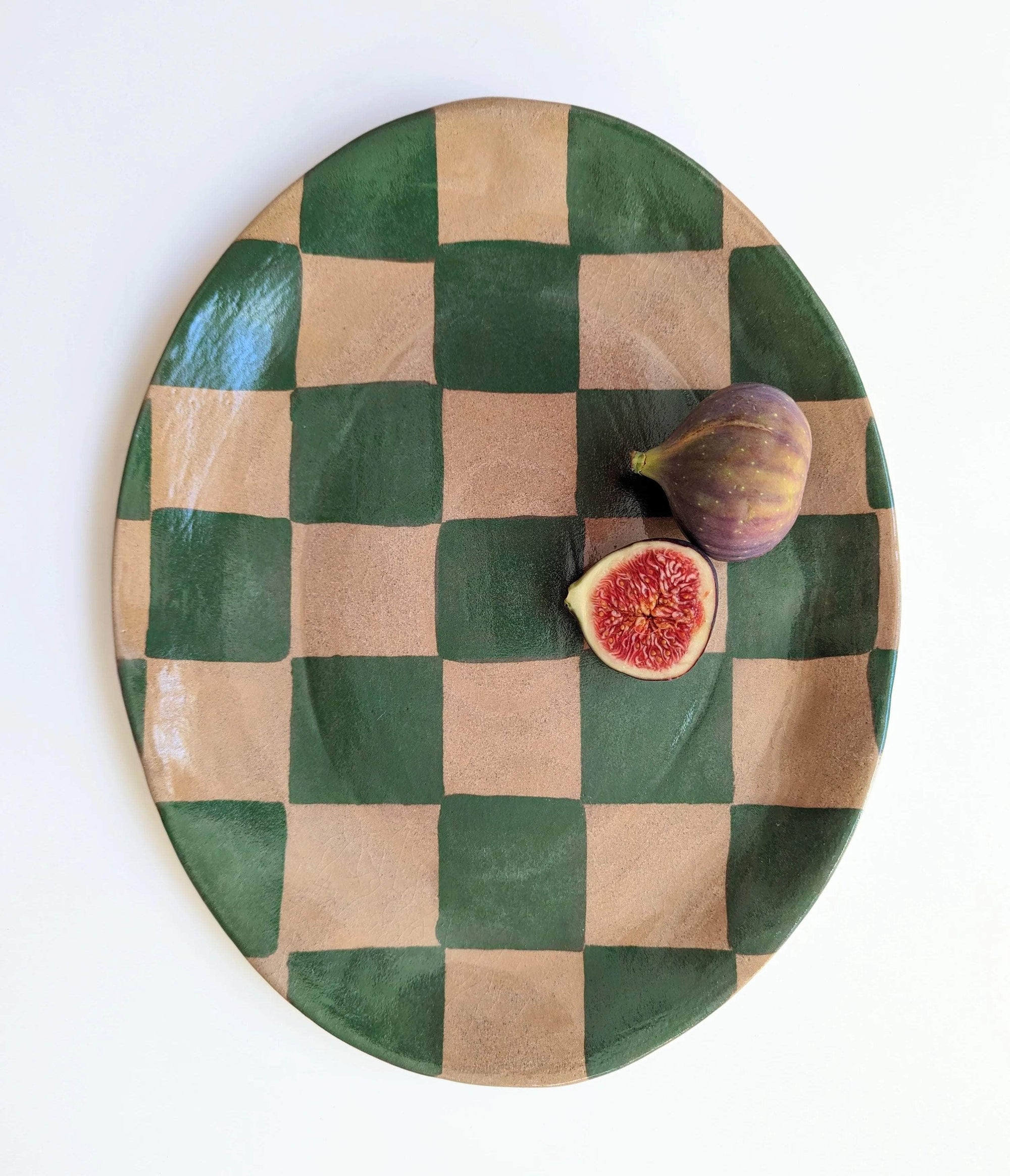 Green Oval Check Serving Platter